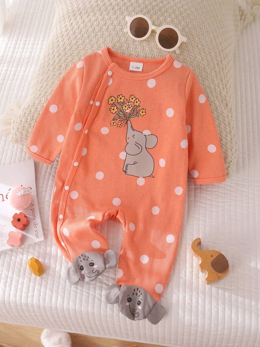 Autumn/Winter Baby Girls' Round Neck All-Over Allover Print White Polka Dot & Gray Cartoon Elephant Long Sleeve Footie Jumpsuit - Orange - View 1