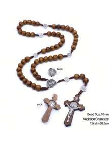 Vintage Wood Bead Cross Pendant Necklace, Alloy Decorative Brown Tone INRI Design Men's Spiritual Fashion Necklace, Country Style Natural Wood Grain Cross Necklace - màu nâu - Xem 3