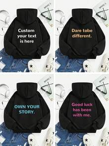 Customized Text Printed Fleece Hoodie For Plus Size Women, Black, Suitable For Christmas, Personalize With Your Interesting Quotes, Blessings Or Messages, Casual Pullover Hoodie Sweatshirt For Women, Black Top For Autumn/Winter, Customized Graphic For Halloween, Christmas, Back To School Season, Team Uniform, Outdoor Apparel, School Uniform, Sportswear - Black - View 2