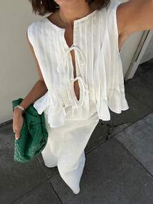 Áo thun nữ mùa hè vải lanh màu trắng trơn phong cách Boho thanh lịch, áo cánh xếp ly nửa vạt, không tay, thích hợp cho các lễ hội âm nhạc, hòa nhạc, tiệc tùng, trang phục hàng ngày thời trang cho bé gái, kỳ nghỉ ở bãi biển, mặc nhà hoặc đi chơi, phong cách Bohemian - trắng - Xem 4