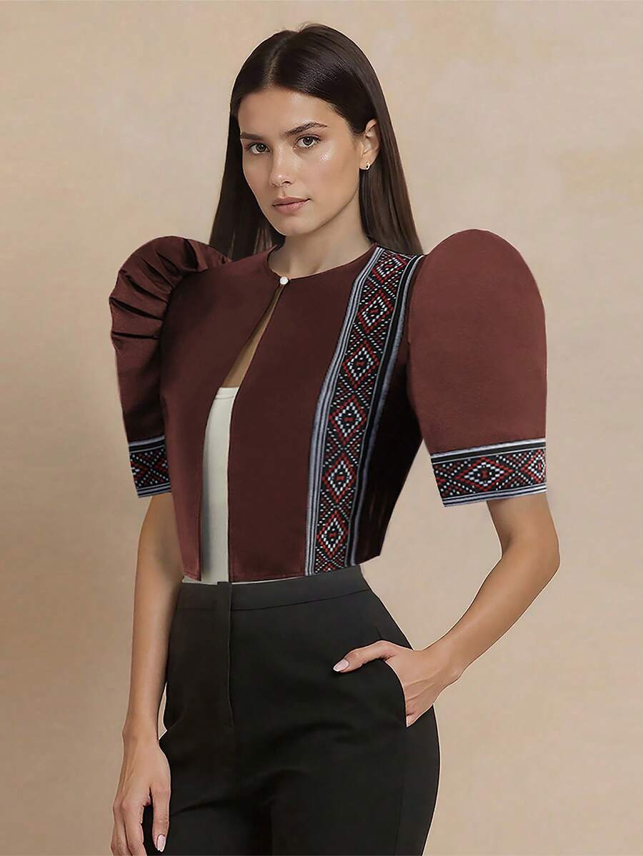 現代菲律賓風蝴蝶袖女式襯衫,優雅泡泡袖開襟外套,女式菲律賓風短版上衣 - 咖啡棕 - 查看 1