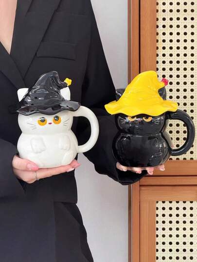 1 件 3D 猫巫师形状陶瓷杯，万圣节不给糖就捣蛋巫师猫拿铁杯，适合 万圣节氛围果汁饮料杯，适用于餐厅、客厅、咖啡厅、派对