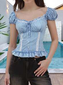 Women T-Shirt, Short Sleeve Lace Patchwork Summer Plaid Tops Streetwear For Casual Daily - Màu xanh lam - Xem 4