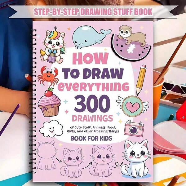 1 Book: How To Draw Anything For Art Lovers, 300 Cute Step-By-Step Drawings, Adorable Things, Animals, Food, Gifts And More Amazing Stuff, Wonderful Patterns With Simple Step-By-Step Drawing Tutorials