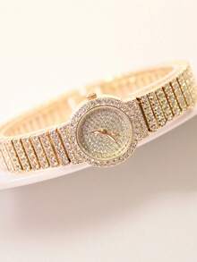 1款时尚奢华全水晶水钻圆形表盘女士石英表，多功能钢表带，适合节日、派对、婚礼、返校季、圣诞节、感恩节、万圣节、复活节等场合作为礼物 - 金色 - 查看 5