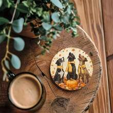 6 pièces/set ou 420 pièces/70 sets Dessous de verre imprimés avec chiots et citrouilles d'automne, 10 cm/2 mm d'épaisseur, avec fond en caoutchouc souple absorbant. Dessous de verre décoratifs en caoutchouc souple, convenant pour les tasses, la décoration de la cuisine et de la table à manger.