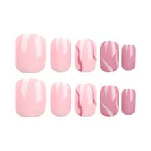 Square Press On Nails - Pink False Nails With Line Design, Glossy Full Cover, Reusable Artificial Nails For Women's Manicure, 24 Pcs - 紫線 - 查看 5
