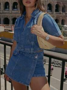 Women's Summer Denim Outfits Short Sleeve V-Neck Crop Tops + Skorts Set Party Clothes - 藍色 - 查看 2