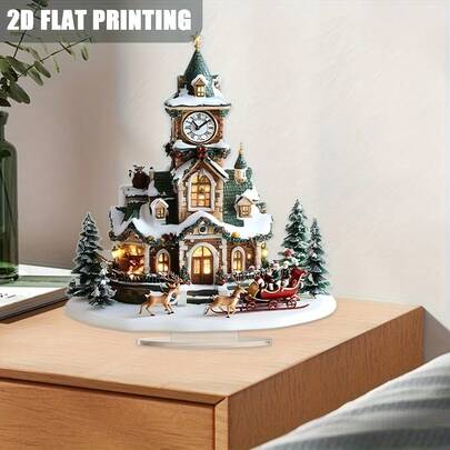 2D 平面，0.3 厘米厚的圣诞村水晶雕塑带底座，冬季主题收藏品，适用于卧室、办公室、餐厅、客厅、厨房桌面装饰，无需电源，完美的节日礼物，圣诞老人主题，桌面挂饰，圣诞节的理想选择