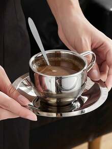 1set/2set咖啡杯碟套装复古不锈钢咖啡杯精致摆拍Vlog下午茶杯 - 銀色 - 查看 6