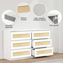 47 Inch Rattan 6 Drawer Dresser, Modern Farmhouse Chest Of Drawers, Tv Stand Dresser Accent Furniture For Living Room, Bedroom, Entryway - 白色 - 查看 3