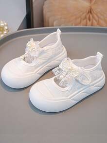 1 Pair Girls' Pearl Bow Hook And Loop Canvas Sneakers, Princess Style, Suitable For School, Spring/Autumn, Everyday Wear