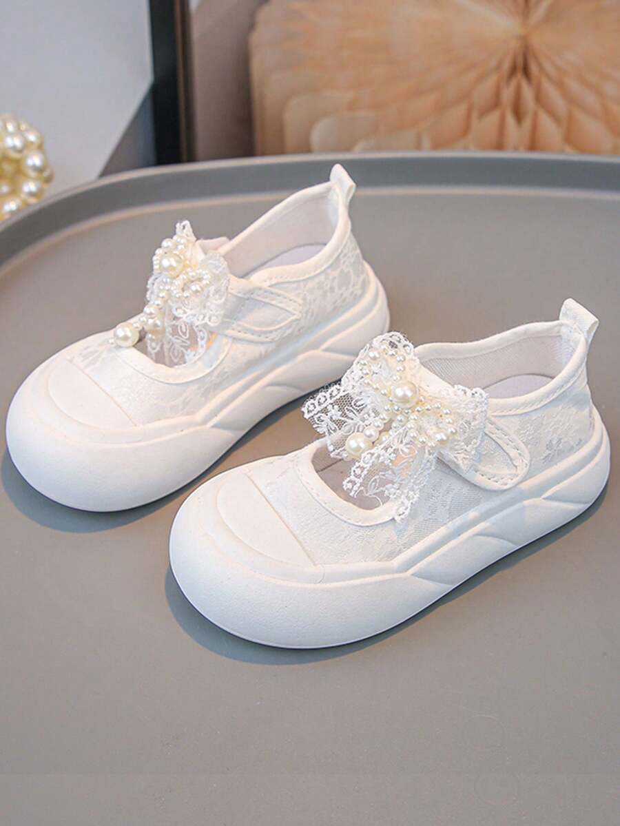 1 Pair Girls' Pearl Bow Hook And Loop Canvas Sneakers, Princess Style, Suitable For School, Spring/Autumn, Everyday Wear