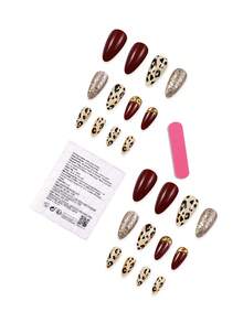 24 件秋冬豹纹美甲 3D 凝胶美甲适合女士和女孩的派对、舞会和日常佩戴，可拆卸和重复使用 - 彩色 - 查看 3