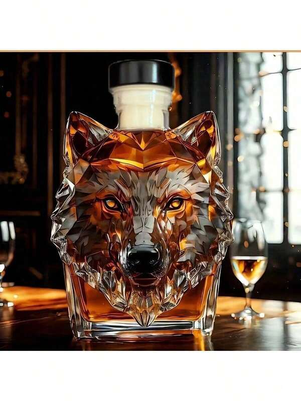 1 garrafa de vidro de uísque com crista de lobo de 300 ml - design exclusivo de cabeça de lobo com líquido âmbar, perfeita para aniversários e ocasiões especiais, garrafa de uísque