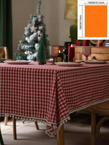 1pc European & American Style Christmas Red Plaid Floral & Pom Pom Print Elegant Rectangular Tablecloth, Suitable For Daily, Holidays, Family Gatherings, Birthday Parties, Dinner Parties, Dining Table Decor, Photography Background - Red - View 10