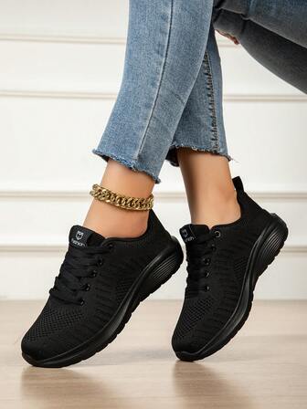 Women's Casual Sports Shoes, Mesh Breathable Running Shoes, Lightweight Travel Shoes, Student Running Shoes, Flat Casual Shoes, Comfortable Loose Fit Sports Shoes, Fashion Sneakers, Knitted Mesh Breathable, Solid Color Office Shoes