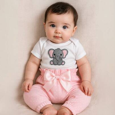 Conjunto Elefantinha Body com Aplique Bordado e Calça Variadas em Jeans e Poa