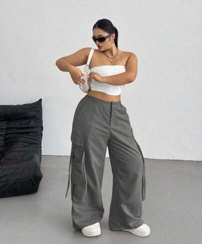 Calça Cargo Reta Casual com Varios Bolsos, Plus Size para Mulheres