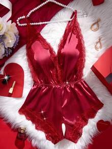 ROMWE Kawaii Bộ jumpsuit/váy ngủ gợi cảm mới, cổ chữ V sâu, viền ren, dây đeo mảnh có thể điều chỉnh, hở lưng, màu đỏ tía, thích hợp cho tiệc tùng. - Màu Đỏ Sâu - Xem 10