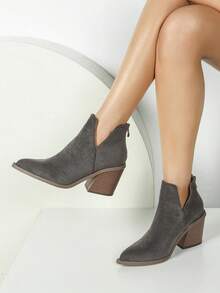 2024新款法式踝靴女款，英伦风秋冬新款尖头粗跟踝靴，后拉链设计 - 灰色 - 查看 2