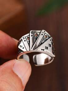 1 件复古男士可调节戒指，时尚个性化夸张扑克牌设计派对配饰（轻微色差） - 復古銀色 - 查看 5