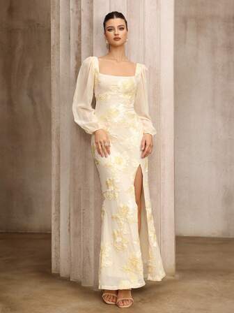 D&M 女士网纱刺绣雪纺方领露背长袖开衩下摆晚礼服，适合日常及婚礼派对穿着，秋季服装，毕业典礼礼服，优雅