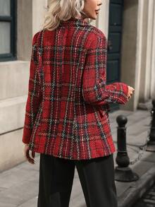 Chaqueta elegante de tweed rojo y verde navideño con cintura ceñida y botones dorados para uso diario, de doble botonadura a cuadros para mujer