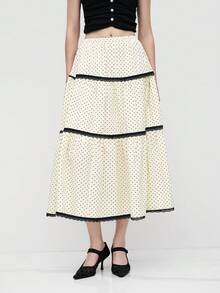 2026 Fall/Winter French Vintage MOOD WOOD High-Waisted Loose Mid-Length Polka Dot Skirt Lace Trim Patchwork Elastic Waist A-Line Skirt Commute & Date Chiffon Long Skirt - 黑色 - 查看 4