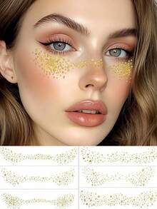 6 Sheets Glitter Freckles Face Tattoo With Lip Mark Star Triangle Sparkle Freckles Tattoos Waterproof Gold Temporary Tattoos Stickers For Summer Travel Prom Makeup Party Musical Festival Accessories