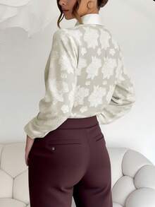 女士优雅休闲度假风长袖单排扣口袋薄纱衬衫 - 杏色 - 查看 3