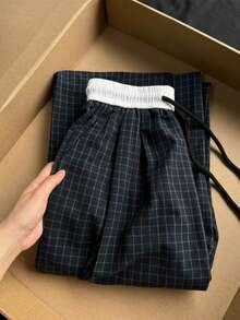 SAOYANGYU 女士休闲格子松紧腰抽绳阔腿裤，145克梭织面料 - 黑色 - 查看 3