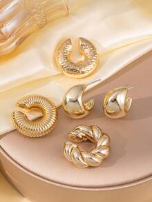 5pcs Fashionable Lightweight Hollow C-Shaped Spiral Clip On Earrings Set, Suitable For Daily Wear, Party And Wedding