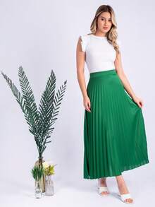 Long Pleated Skirt, Plain, Fashion 2025 - 綠色 - 查看 1
