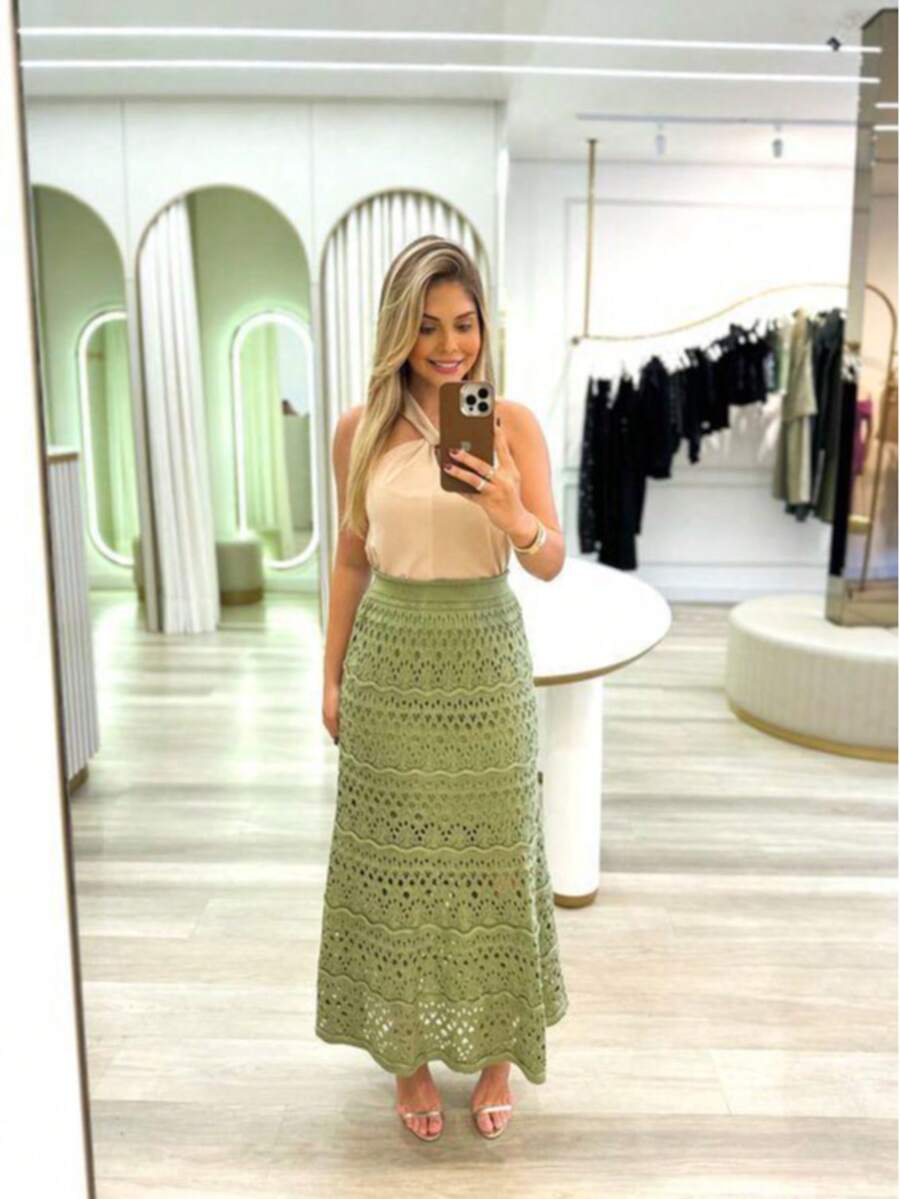 Long Skirt Lace Knit Crochet Stitch Summer Fashion Lined Midi Luxury Knit Beach Pool Simple Elegant Casual Knit Knitted Openwork Fabric Beach Skirt Holiday Summer - 綠色 - 查看 1