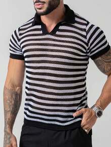 TRICOT DE LUXO Men's Lightweight Textured Striped Polo Collar Knit T-Shirt, High Quality, Spring, Summer, Autumn, Premium Quality - 黑色 - 查看 5