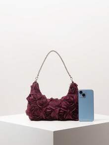 优雅玫瑰花朵图案单肩包、花卉包、新娘派对包、舞会包、舞会配饰、高档风格手提包、婚礼用品、优雅女士包（图案随机） - 酒紅色 - 查看 3