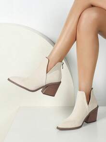 2024新款法式踝靴女款，英伦风秋冬新款尖头粗跟踝靴，后拉链设计 - 米色 - 查看 2