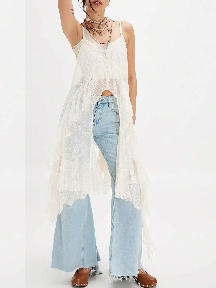 Camisola de encaje para mujer, blusa de verano con flores estilo bohemio, transparente, con botones al frente, dobladillo largo con volantes, camisa de malla sin mangas - Beis - Ver 1