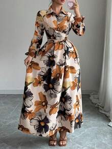 New Autumn Floral & Plant Print Elegant Casual Front Button Belted Dress, Suitable For Halloween, Christmas, Daily Wear, Vacation, Party, Date, Afternoon Tea, Holiday Occasions - Multicolor - View 1