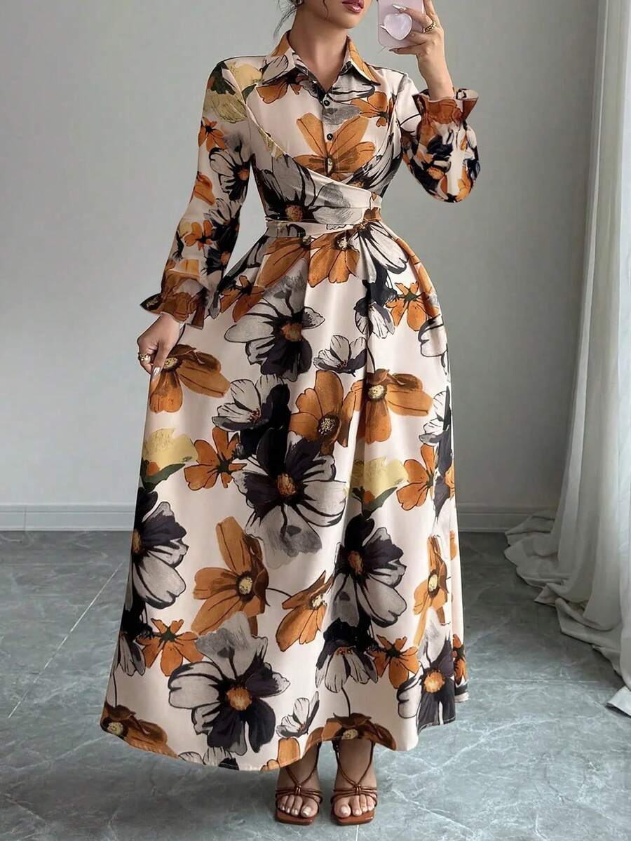 New Autumn Floral & Plant Print Elegant Casual Front Button Belted Dress, Suitable For Halloween, Christmas, Daily Wear, Vacation, Party, Date, Afternoon Tea, Holiday Occasions - Multicolor - View 1