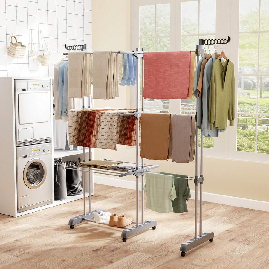 Oak&Tea Tour de séchage extensible en acier allié (74-147 cm) - 6 ailes pliables sur 3 niveaux, pliable et stable pour une utilisation intérieure/extérieure - Hauteur réglable jusqu'à 176 cm - Gris - Voir 1