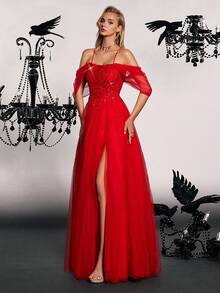 VIPGIRL Luxury Elegant Handmade Embroidered Evening Gown, Slimming Formal Dress - Red - View 5