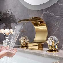 High Arc Waterfall Bathroom Faucet 3 Hole 2 Handle Crystal Knobs Vanity Basin Mixer Tap 8-Inch&Upwards Widespread Bathtub Filler Faucet Polished Sliver/Nickel/Black/Gold Bathroom Sink Faucet - Gold - View 7
