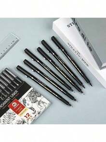 Mobee Super Schwarzer Deutscher Tintenpigment Liner 3/6/12 Feine Stift Set Metallclip Hochwertige Feine Spitze Marker Wasserbasierten Liner Feine Stifte Malen Skizzieren Zeichnen Meister Premium