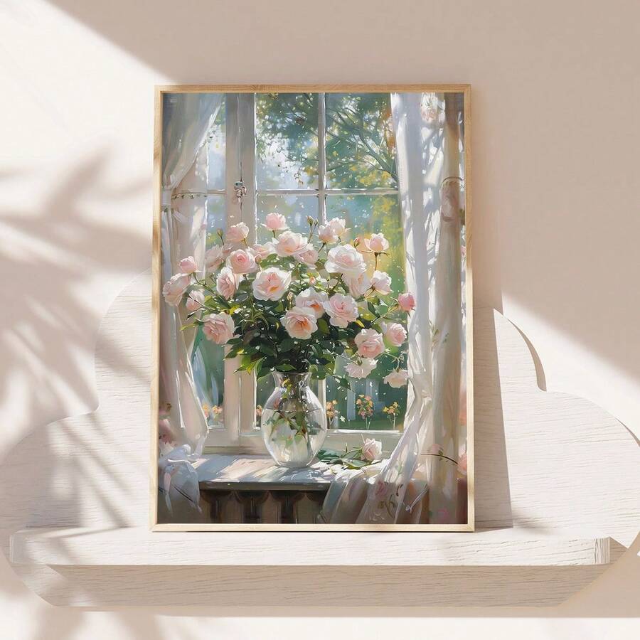 1 件，帆布挂画，带框装饰画，海报，墙面艺术，粉红玫瑰和窗台油画，女孩托儿所装饰，花卉春季墙面艺术，美学客厅装饰，粉色花卉绘画植物布置装饰，春季装饰主题，春季家居装饰 - 彩色 - 查看 1