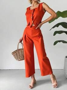 Conjunto de Lino para Mujer con Chaleco y Pantalón Holgado, Bolsillos Funcionales, Corte Relajado y Frescura Ideal para Días Cálidos - Naranja Quemada - Ver 1
