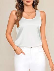 Women Silk Satin Scoop Neck Sleeveless Tops Casual Summer MBYO - Black - View 10