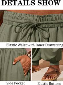Runcati Men's Linen Harem Pants Baggy Boho  Genie Style For Yoga & Summer Beach - Army Green - View 4