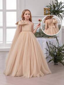 少女金色肩部网纱蝴蝶结优雅圣诞派对礼服，公主裙，适合女孩生日礼物、派对、婚礼花童、伴娘、感恩节、毕业典礼等场合